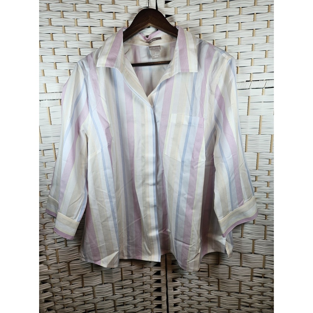 Chico's Womens Pink Striped Button Down Shirt Sz 3 Work Career Teacher Office
